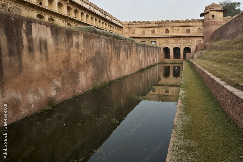 Serpentine watercourse tucked beneath regal fortress. Generative AI