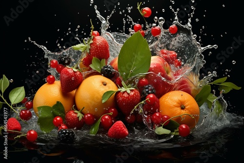A group of fruits with liquid splashing on them and foliage surrounding them. Generative AI