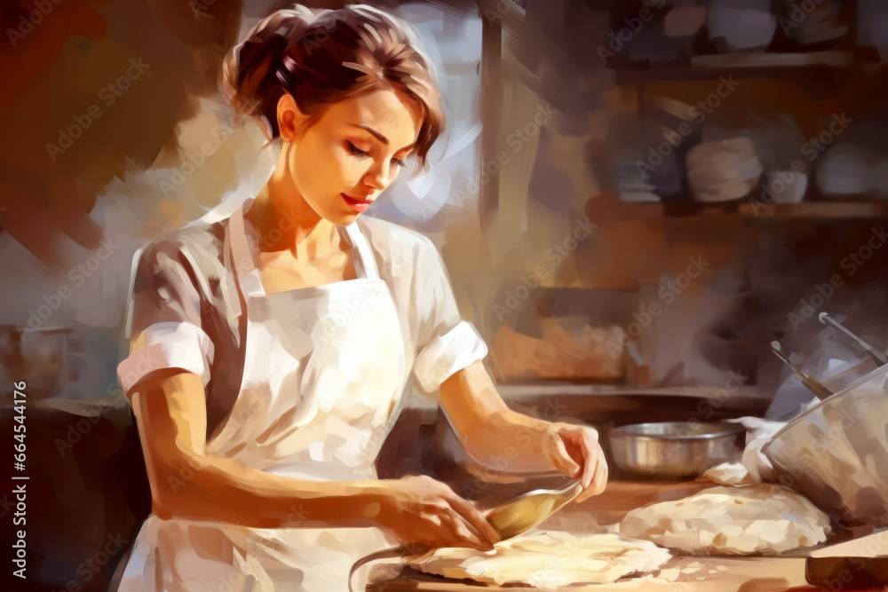 Young woman preparing bread dough in the kitchen. Homemade bread production. Fresh bakery. Illustration.