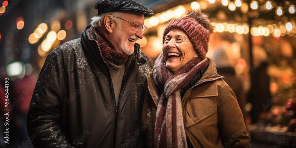 An aged couple wanders through the Christmas market, delighting in the holiday spirit
