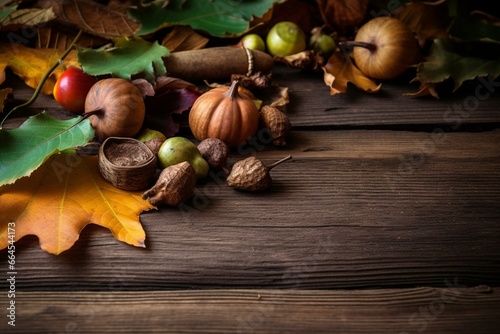 Festive autumn scene with colorful leaves, gourds, and acorns on a rustic wooden backdrop. Generative AI