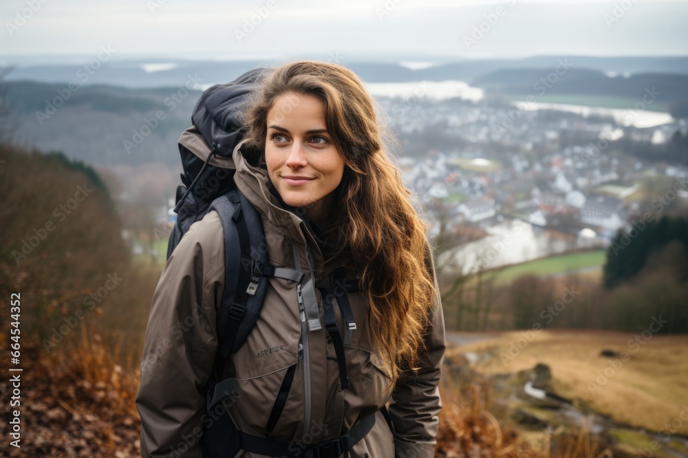 A woman with a backpack on top of a hill.