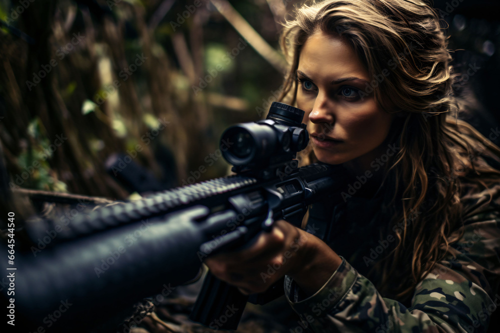 Female sniper with a rifle hunting in the forest.