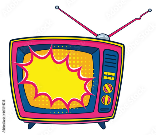 Comic retro tv icon in pop art retro comic style. Cartoon vintage 70s, 80s television. Vector illustration