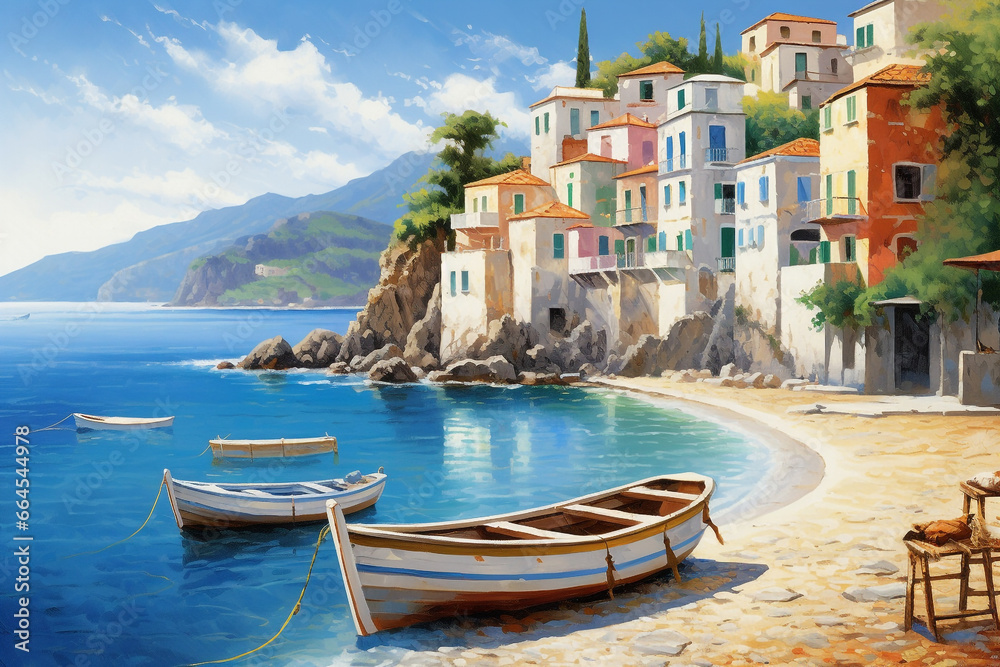 Oil Painting of Coastal Mediterranean Village: Bucolic Seascape with Fishing Boats