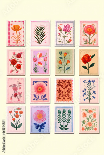 set of vintage/retro stamp sticker for postcard/letter/envelope with flower illustrations tulips autumn fall sunflower for scrapbook notes journal	