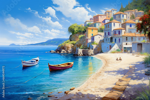 Sunny Mediterranean Coastline: Oil Painting of Coastal Village, Fishing Boats, and Blue Waters