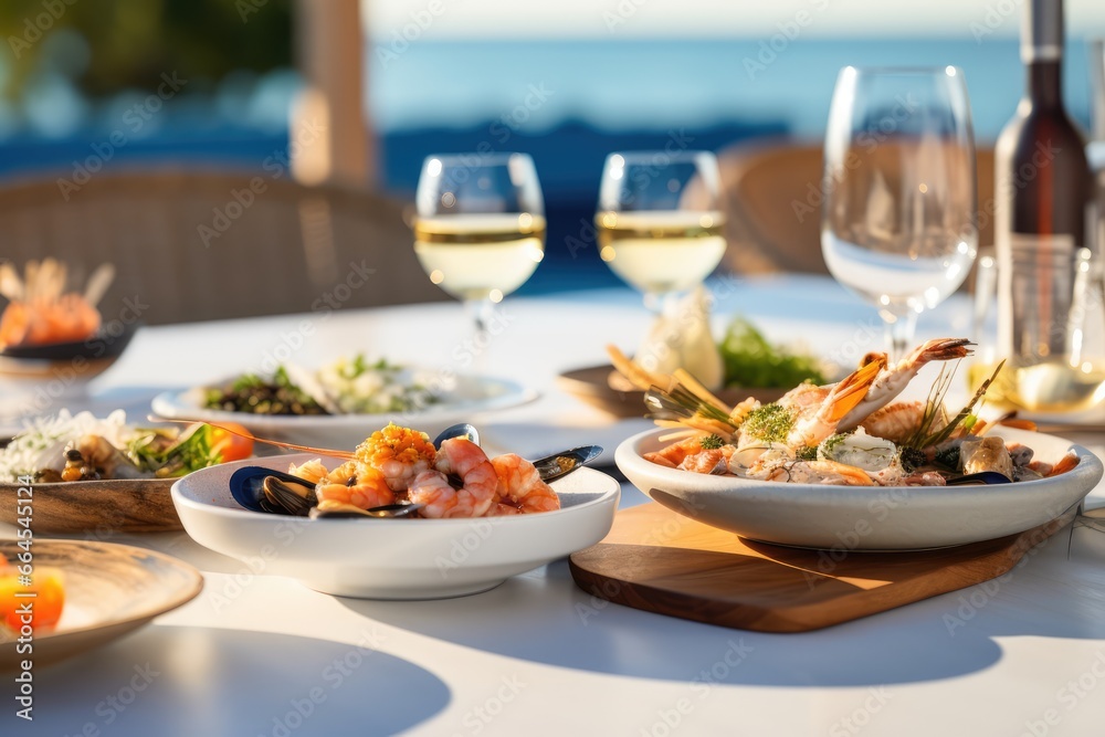 Seacuterie - Table spread with various marine delicacies, complemented by fresh herbs and wines - AI Generated