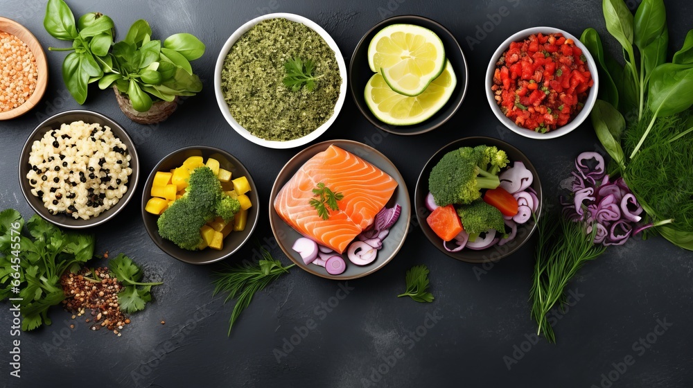 Top view of assorted healthy food dishes with text space.