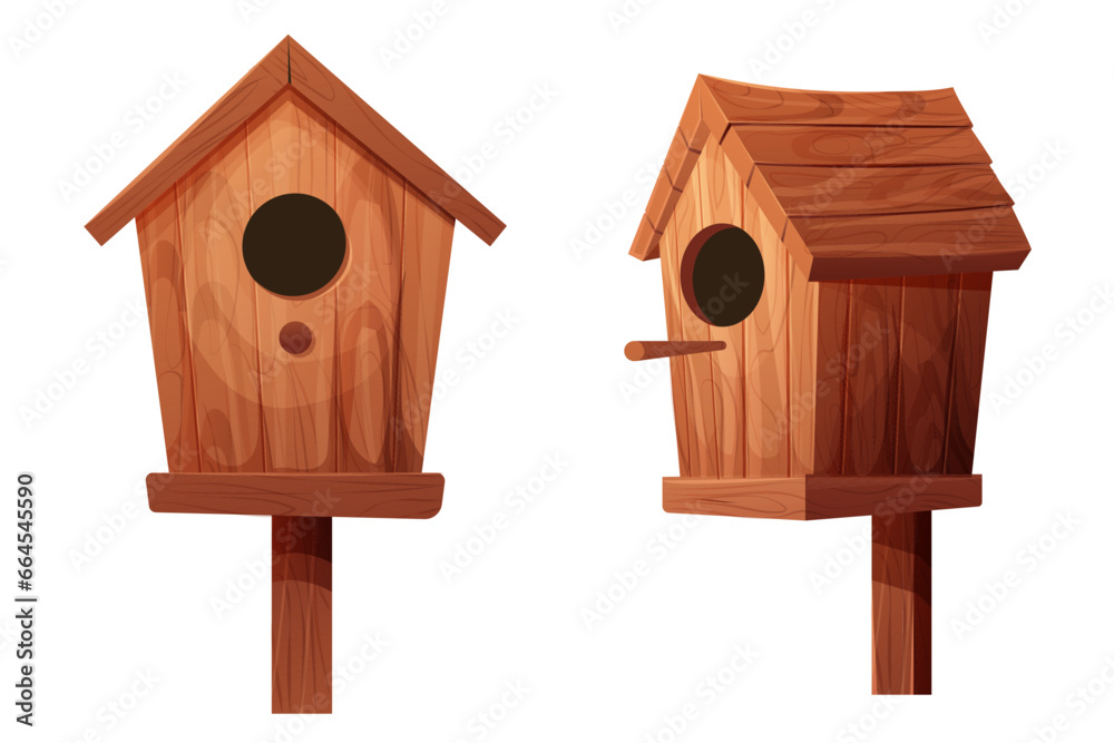 Wooden bird house, place for nest, empty decoration in cartoon style textured wood object isolated on white background. Springtime decoration, hanging home.