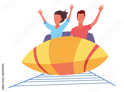 Roller coaster happy people. Rollercoaster. Friends riding in amusement park have fun positive emotion, park attractions. Young people having fun and enjoyment, cartoon vector illustration