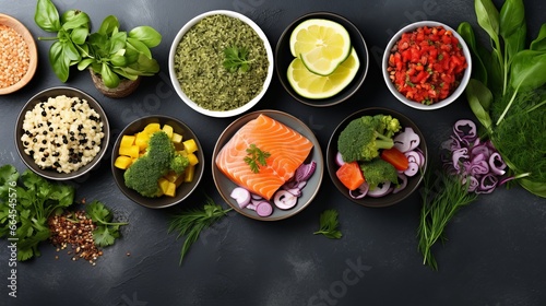 Top view of assorted healthy food dishes with text space.