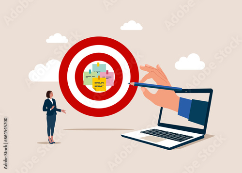 Goal setting, purposeful objective. Write down goal on notes and put on big dartboard target. Flat vector illustration. 