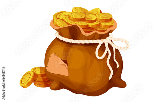 Money bag, sack with golden coins in cartoon style isolated on white. Game element asset success, trophy. 