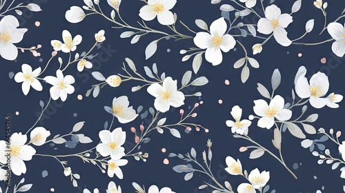  a floral pattern with white flowers on a dark blue background.  generative ai