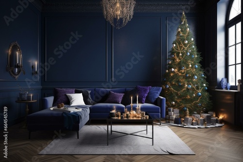 Contemporary navy blue living room adorned with festive Christmas tree - computer-generated image. Generative AI photo