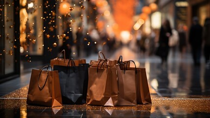 Gift bags against the background of sparkling shop windows of city stores, concept of sales season, Black Friday, Cyber Monday