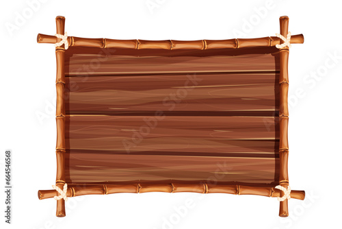 Bamboo frame from sticks and rope with wooden plank, desk in cartoon style, border isolated on white background. Tribal panel, game menu.