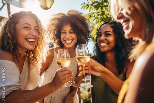 Group of multiracial friends happily enjoying a toast. Colombian, Cuban and African women. Concept of diversity and multi ethnicity in friendship.