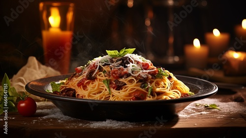 Brightly lit Italian spaghetti on a dark round plate