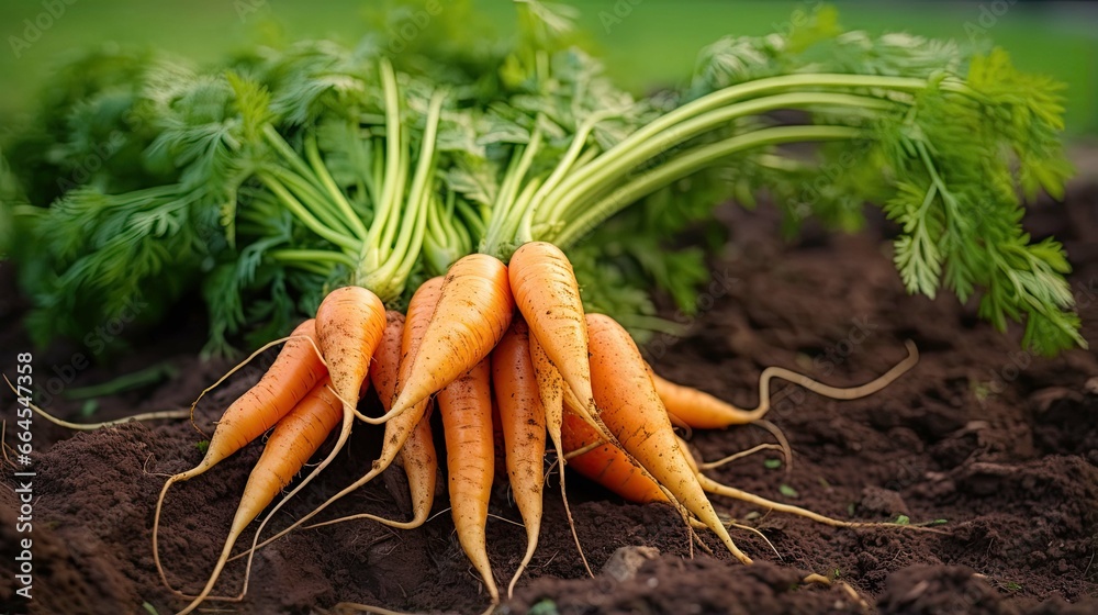 A bunch of fresh carrots with greens on the ground. A large juicy unwashed carrots in the field against the background of the earth close up A bunch of fresh carrots with greens on the ground. A large juicy unwashed carrots in the field against the background of the earth close up