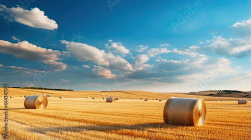 A beautiful evening natural panoramic landscape with harvested golden wheat field and bales of straw against blue sky with clouds.