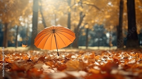 Beautiful autumn background landscape. Carpet of fallen orange autumn leaves in park and orange umbrella. Leaves fly in wind in sunlight. Concept of Golden autumn photo