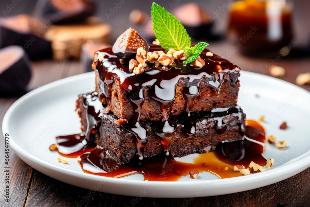 Homemade chestnut cake, sweet vegan chocolate chestnut brownie bread with honey and caramel sauce Homemade chestnut cake, sweet vegan chocolate chestnut brownie bread with honey and caramel sauce