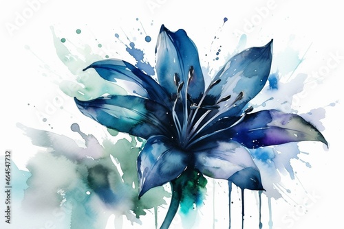 Stunning watercolor depicting a vibrant blue lily in high definition. Aesthetically pleasing wallpaper with a serene mood. Generative AI photo
