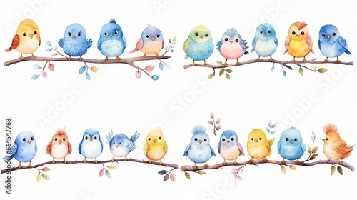 watercolor cartoon illustration, bird family perch on tree branch isolated on white background, collection set, Generative Ai © QuietWord