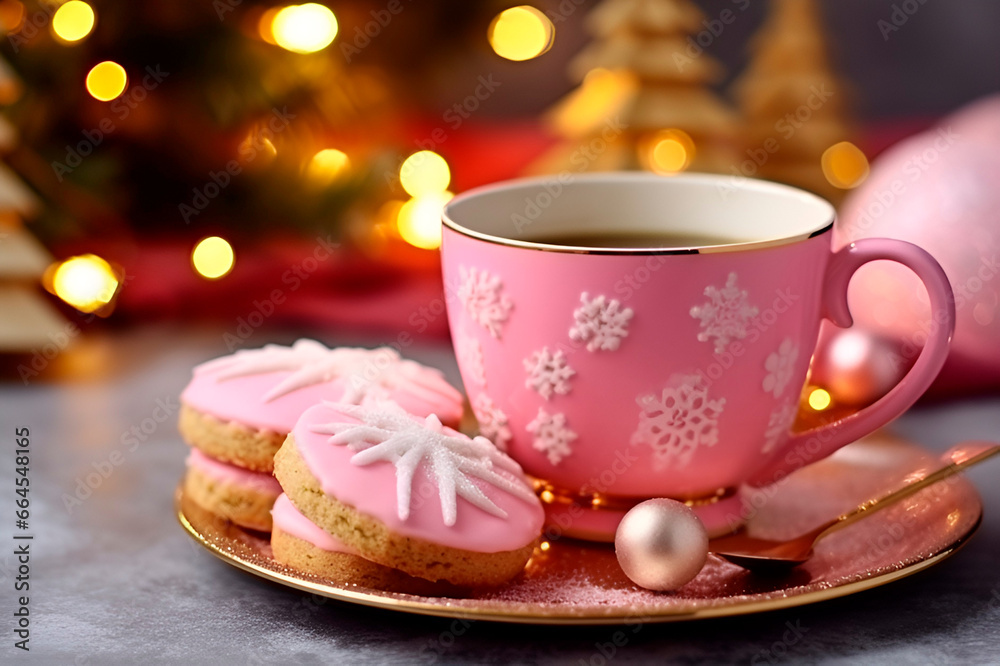 Fototapeta premium Tea with cookies for Christmas in pink tones