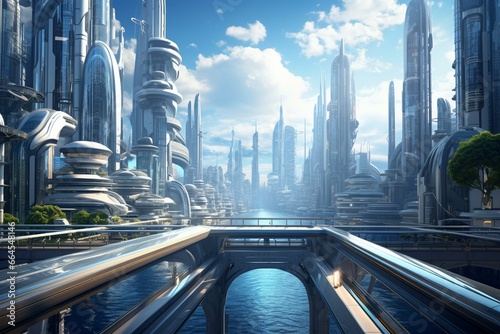 A futuristic bridge crossing a cityscape. Generative AI