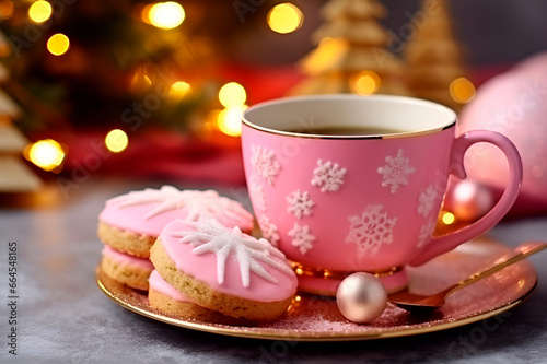 Tea with cookies for Christmas in pink tones
