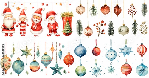 watercolor style cartoon illustration of hanging toys Christmas ornaments, isolated on white background, collection set, Generative Ai
