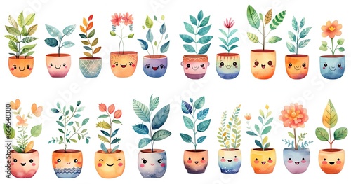 watercolor painting style illustration of flower pot plant with kawaii face, isolated on white background, collection set, Generative Ai 