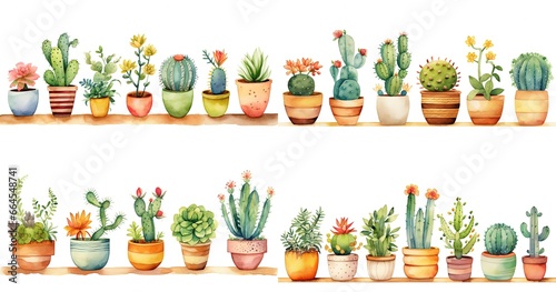 watercolor painting style illustration of boho cactus and succulent with flower blossoming pot plants collection set, isolated on white background, Generative Ai