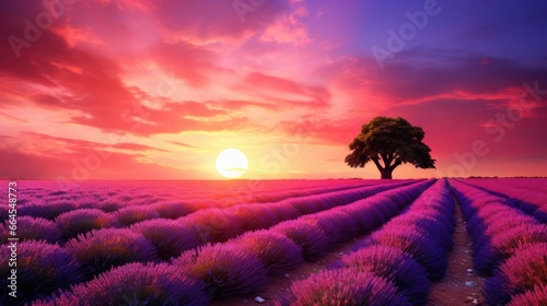 Blooming lavender fields at pink sunset. Beautiful summer landscape.
