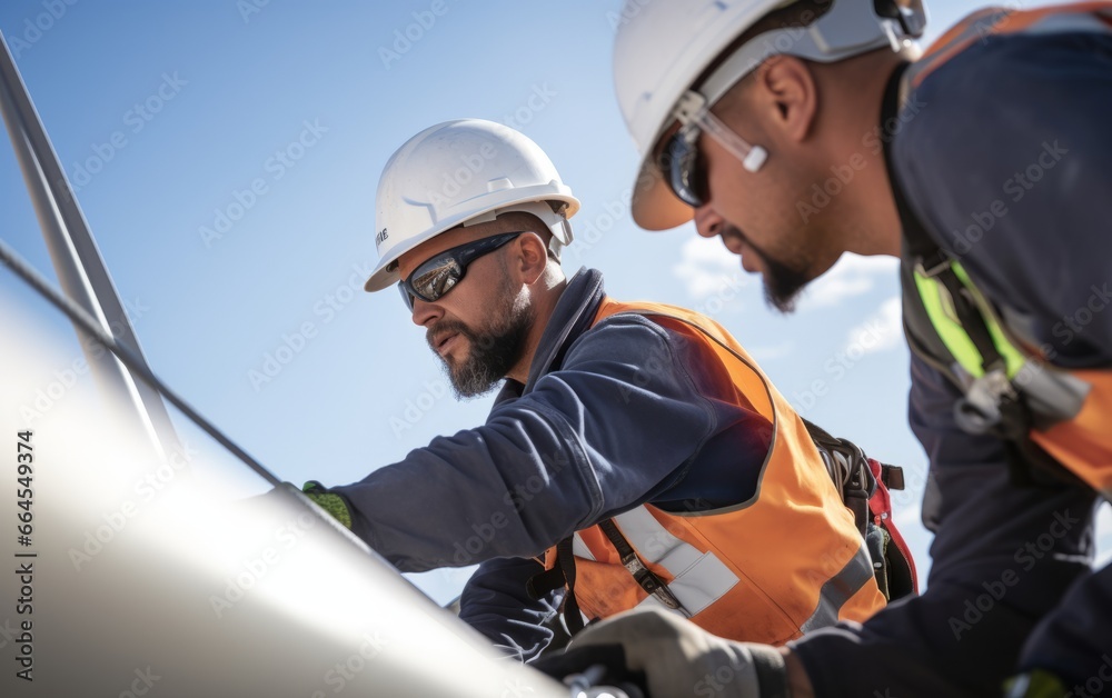 Wind turbine technicians performing maintenance on a wind turbine. Wind turbine technicians performing maintenance on a wind turbine.