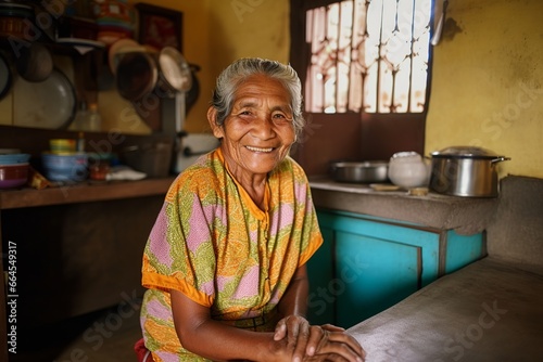 Latin grandmother with her arms crossed smiling at the camera in the kitchen of her home in a Nicaraguan village. photo