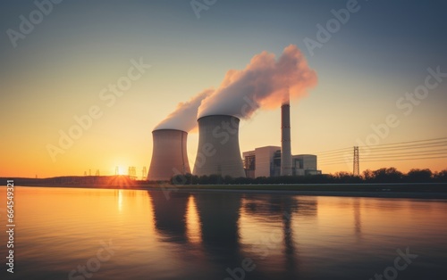 A nuclear power plant at dusk, with its structures and cooling towers illuminated by the fading daylight.