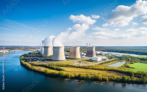 An aerial view of a state-of-the-art nuclear power plant located beside a river