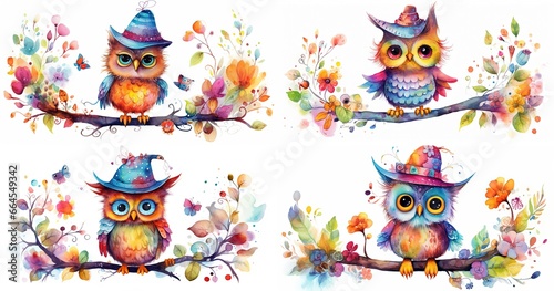 watercolor cartoon style illustration of big eyes owl with color splash, fanciful and dreamy atmosphere, collection set, Generative Ai