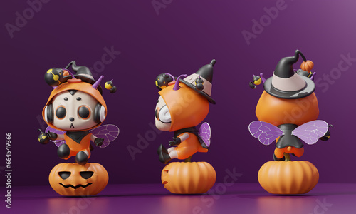 Bee Animal Set of Font View Side View and back view Theme Halloween  on Purple background cutout  Mockup template for artwork graphic design
