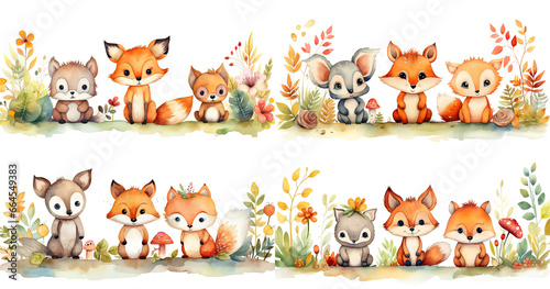 watercolor style cartoon illustration of red fox family in autumn field , isolated on white background, collection set, Generative Ai   © QuietWord
