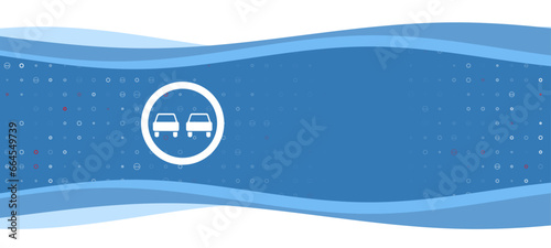 Blue wavy banner with a white no overtaking symbol on the left. On the background there are small white shapes, some are highlighted in red. There is an empty space for text on the right side