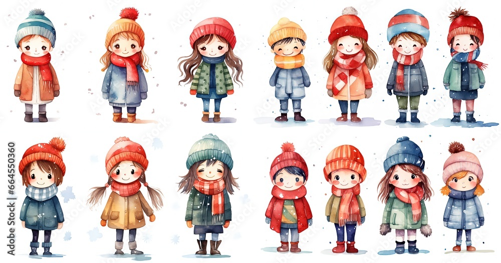 watercolor style cartoon illustration of a group of kids boys and girls happily walking together, collection set, Generative Ai watercolor style cartoon illustration of a group of kids boys and girls happily walking together, collection set, Generative Ai