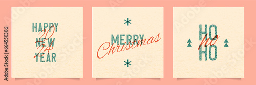 Merry Christmas and Happy New year colorful cards set with retro riso, risograph print effect. Layered geometric letters in vintage trendy style. Cute typography composition. Vector design