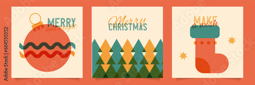 Merry Christmas retro posters set. Vintage paper templates of modern minimalist Xmas square flyers in risograph style. Collection of riso greeting cards, covers for branding of winter holiday. Vector