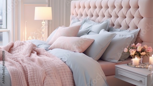  a bed with a pink headboard and a pink blanket. generative ai