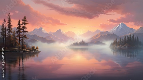  a painting of a lake with mountains in the background and a sunset. generative ai